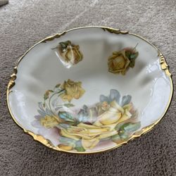 Vintage E.S. Prov. Saxe Germany Porcelain Bowl with Yellow Roses – Gold Trim – 81