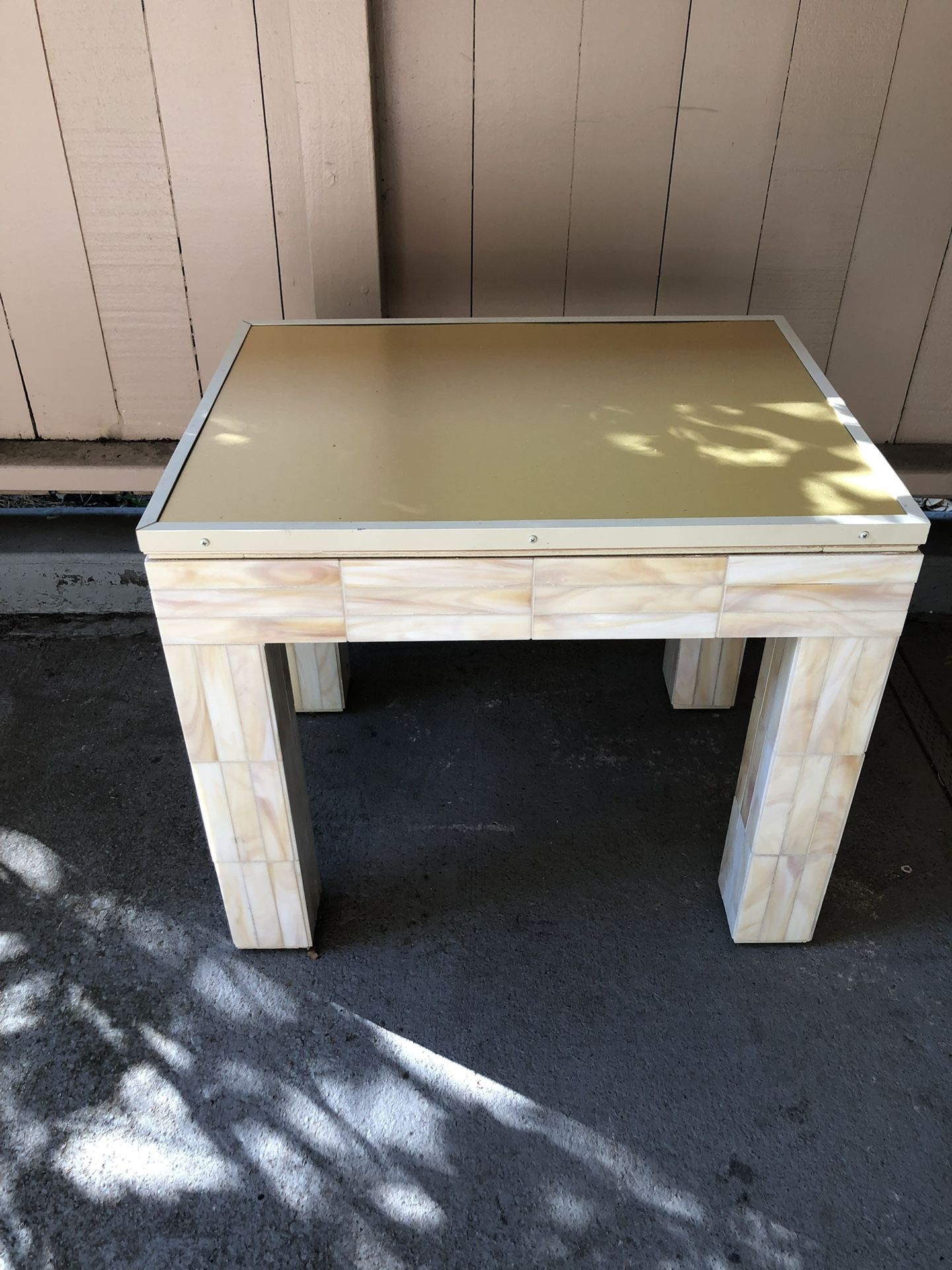 Handcrafted Tiled End Table with Gold Formica Top & Glass Tile Sides