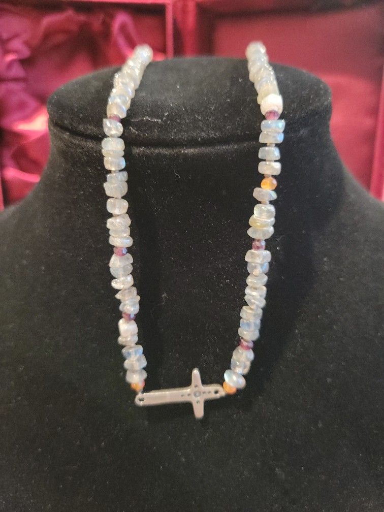 Sterling Silver Peyote Bird and Cross Multi-gemstones Ethiopian Opal Chips Choker Necklace 16" F8 