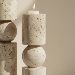 Travetine Stone Dual Candle Holders Set of 2