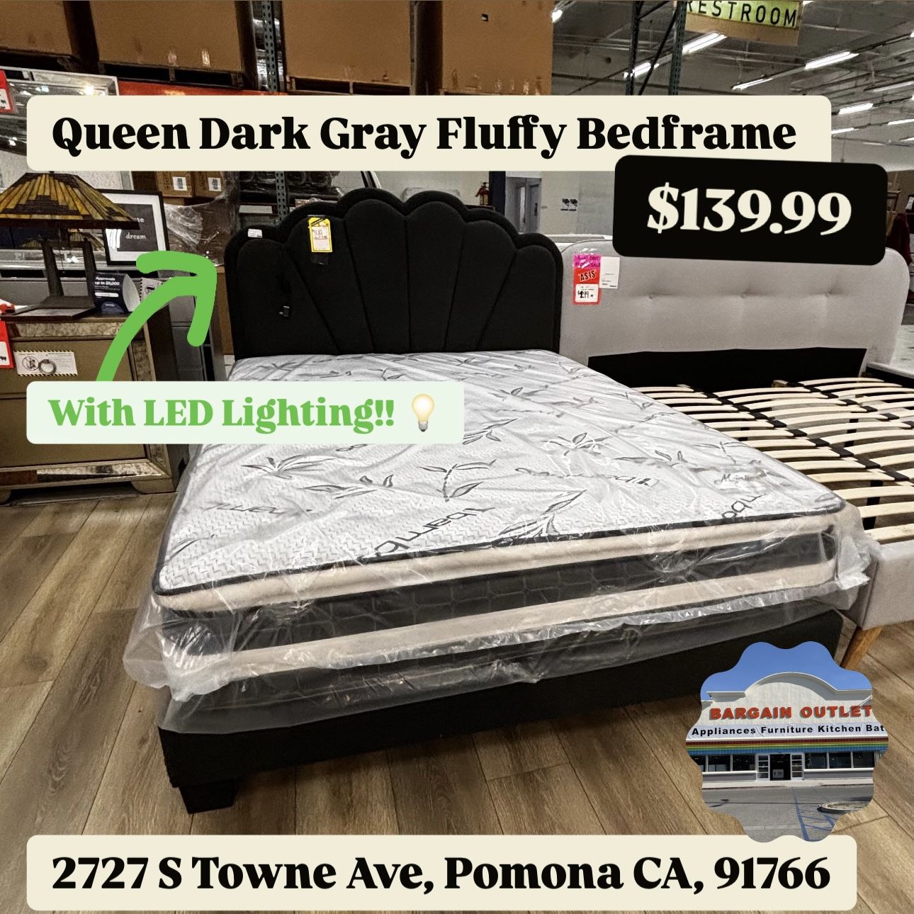 Queen Dark Gray Fluffy Bedframe With LED Lighting