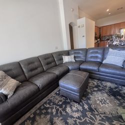Gray Leather Sectional Sofa with Ottoman – Modern Large Couch
