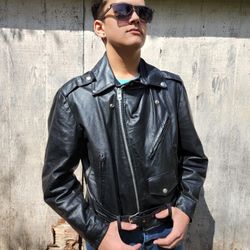 Vintage 60s Excelled Black Genuine Leather Biker Jacket Punk Motorcycle 44R