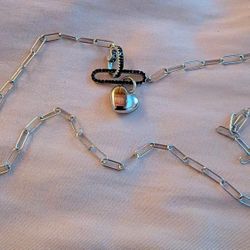 Sale $200.00 14k White Gold Heart On 18" Sterling Silver Chain With Black Spinel Chips