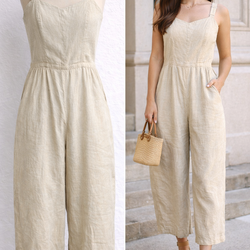 Old Navy Linen Blend Jumpsuit Beige Wide Leg Size M