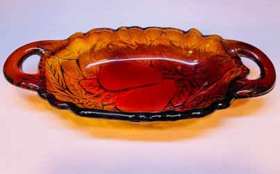 Vintage Tiara glass relish dish “ Sweet Pear” design in deep amber color