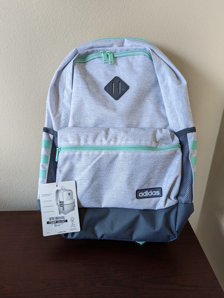 Adidas Backpack Gray Light Blue / Green 19" X 12" Brand New NWT Laptop Storage 