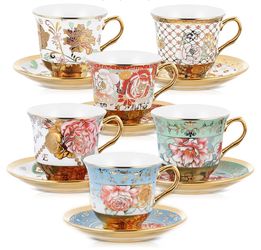 Set of 6 Tea Cups and Saucers Tea Party Decorations Floral Porcelain 5.4 oz British Gift for Women Birthday Party, Church, and Mother's Day (Stylish S