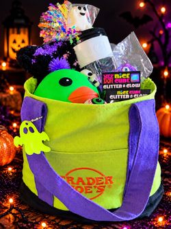 Trader Joe's Halloween Tote Bag with starbucks tumbler, Needoh, and squishy