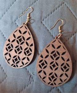 Brown Gold Wood Lattice Boho Chandelier Earrings