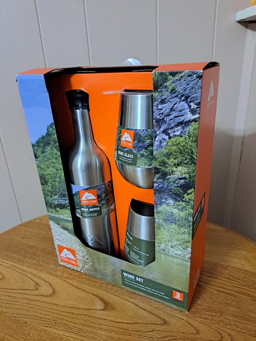 Ozark Trail 3 Piece Stainless Steel Wine Bottle & Wine Glasses Gift Set