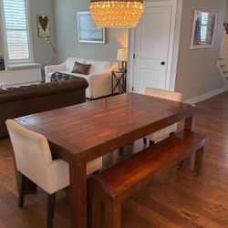 Wood Dining room Table Two Benches And Two End Chairs