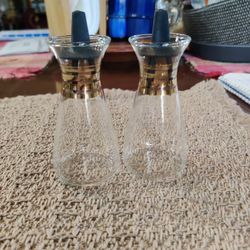 Pyrex Atomic MCM Salt & Pepper Shaker Set Glass w Gold Stripes