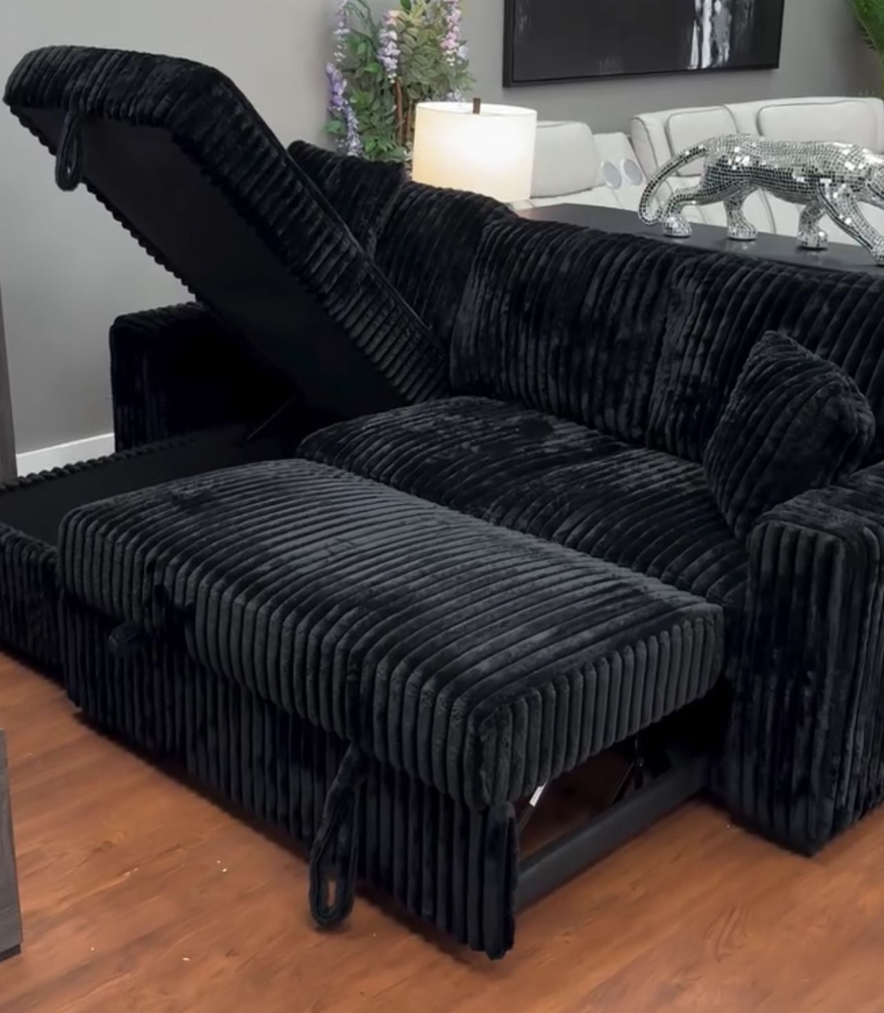 Cozy Striped Black Sleeper Sectional Sofa with Storage – Perfect for Relaxation! 🛋️ Visit us at BetterHomeFurnitures.com for More Exclusive Deals!