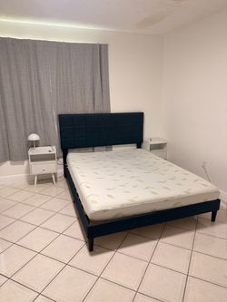 Navy Blue Upholstered Platform Bed Frame