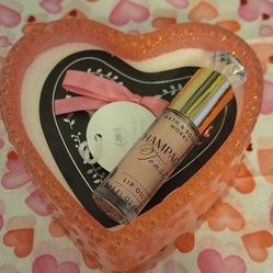 Pink Watermelon 2 Wick Heart Candle With Champagne Toast Lip Oil