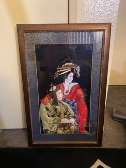 Vintage Geisha and Samurai 3D Fabric Shadow Box Frame Portrait