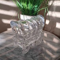$24 L. E. Smith Conestoga Covered Wagon Clear Glass Candy/Trinket Box. RARE. 5" Tall 6" Across
