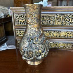 Vintage Chinese Asian Heavy Copper Ornate Dragon Vase