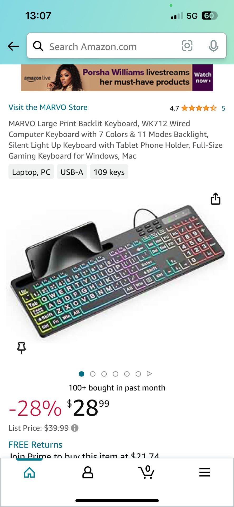 MARVO Large Print Backlit Keyboard, WK712 Wired Computer Keyboard with 7 Colors & 11 Modes Backlight, Silent Light Up Keyboard with Tablet Phone Holde