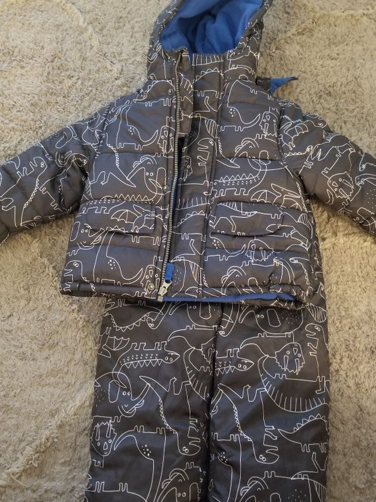 2t Toddlers Carters Snow Bib And Jacket. Black, White and Blue Dinosaurs Design.