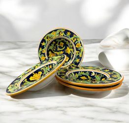 Tabletops Unlimited Mezzana Set 4 Large Rim Soup Pasta Bowls Hand Painted