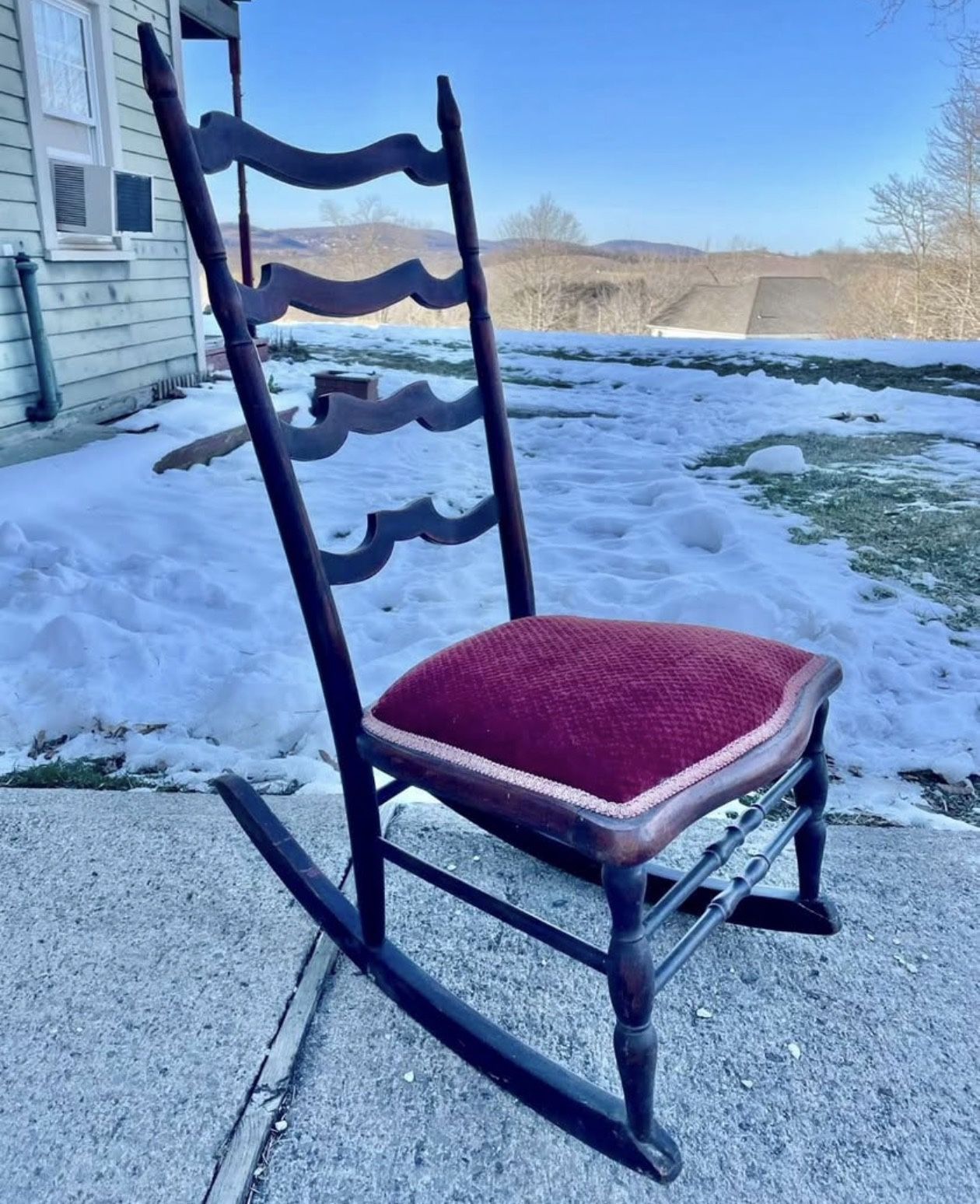 Antique wooden for slat ladder back small rocking chair with original cushion