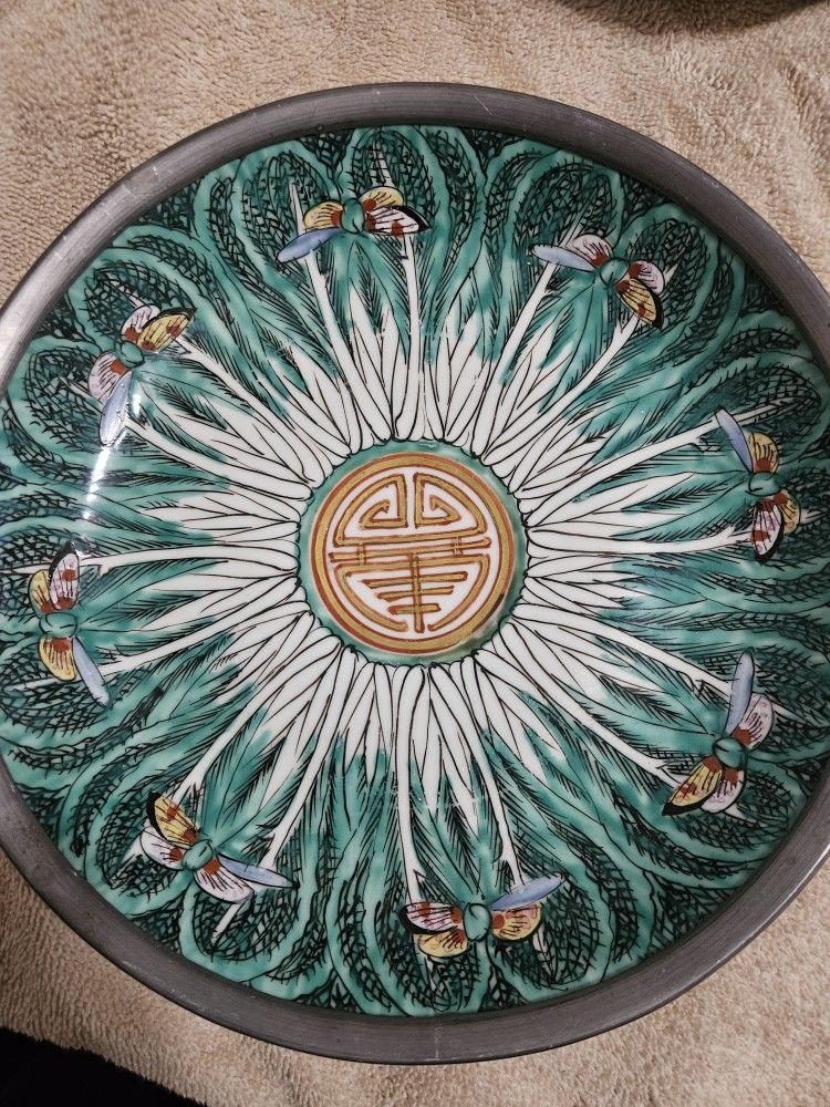 Japanese Porcelain Ware Bok Choy Cabbage Leaf Pewter Encased Bowl