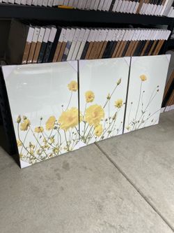 Large Yellow Flower Canvas Wall Art Set 3 Panels Minimalist Floral Decor