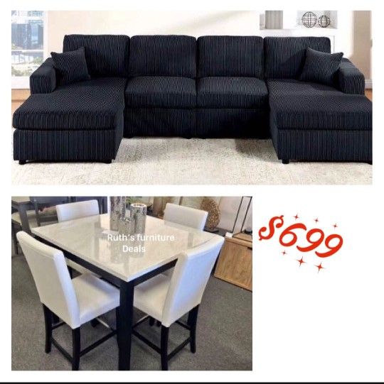 Beautiful Black Corduroy U Shaped Sectional Sofa With 5-Pc Counter Height Dining Set Brand New