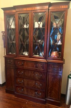 Mid  Century Vintage Mahogany Breakfront China Cabinet With Drop Down Secretary Desk
