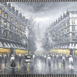 Hand-Painted Oil Painting – Rainy Paris Street w/ Eiffel Tower – 24x20