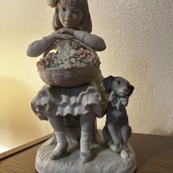 1969 Vintage Llardo  VTG Girl Sitting With Basket Of Flowers And Dog