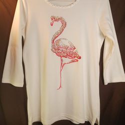 Small Womens Flamingo Vacation Sparkle Bling  Sequin Sequined 3/4 Sleeve T-Shirt