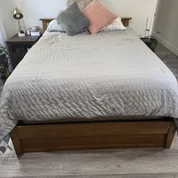 Full Size Natural Wood Bed Frame and Headboard with 4 storage shelves. 80” long