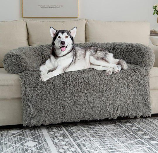 NEW Shaggy Plush Dog Couch Bed, Fluffy Waterproof Lining and Nonskid Bottom, with Washable Cover(50"x39"x8", Light Grey)