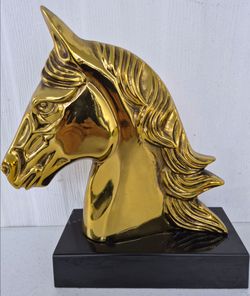 Mid-Century Horse Head Bust Figurine Solid Brass Figurine Marble Base 11"x11 Inches