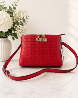 Steve Madden Red Logo Pattern Zip Crossbody, Adjustable/Detachable Strap, Gold