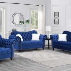 NEW 3 PCS BLUE VELVET LIVING ROOM SET