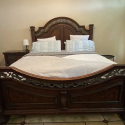 King Bed, Dresser with Mirror, and Side Table Set.
