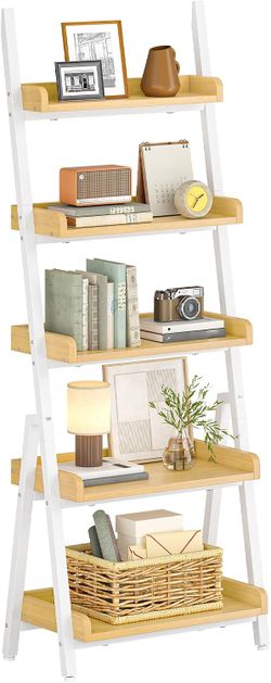 HOOBRO 5-Tier Ladder Bookshelf - White & Natural Wood