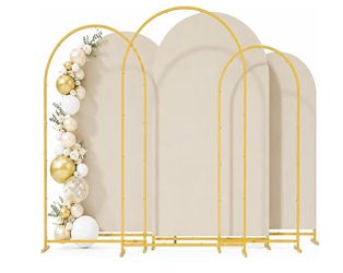 Arch Backdrop Stand 4+5+6 FT, Small Metal Arch Frame with 3 Beige Backdrop Covers, Easy Assembly Round Arch Stand for Dessert Table, Gift Table, Baby 