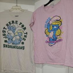 2 smurfs shirts Adult M. Junior L Smurfette 
