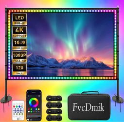 120 inch Outdoor Projection Screen with Stand, Smart RGB+IC Strip Light, 4K 16:9 Wrinkle Wind Resistant Movie Screen, Foldable Portable Projector Scre