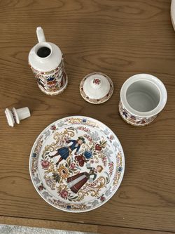 Antique Plate, Decanter, And Container