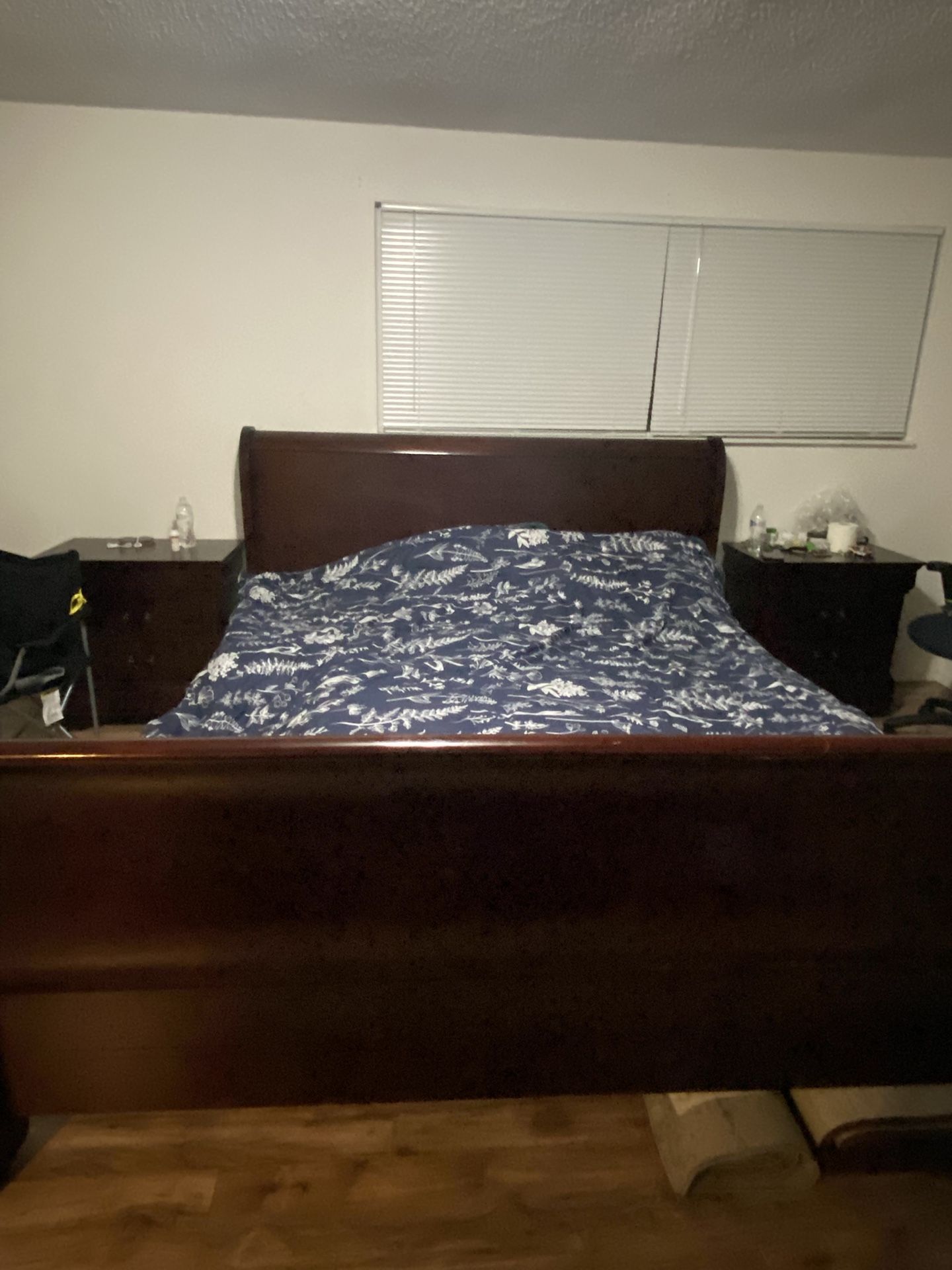 King size bed frame with two bedside tables