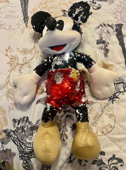 Disney Mickey Mouse Sequin Plush Stuffed Animal Red Shorts Gold Shoes Small