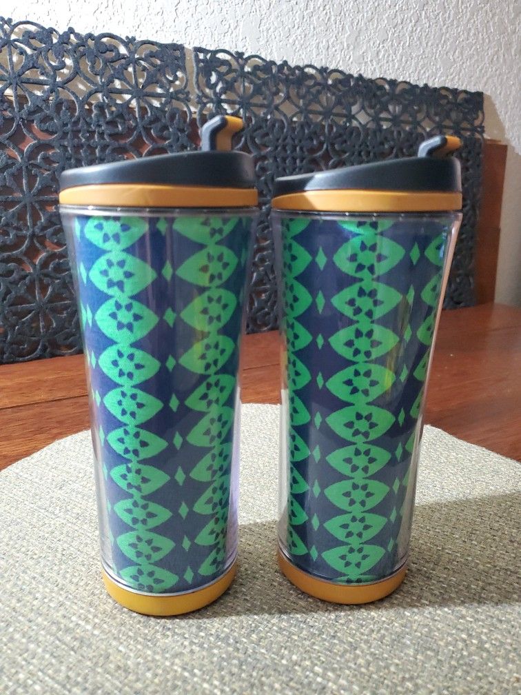 Two Starbucks Travel Cups With Authentic African Fabric