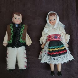 Vintage Pair of 4.5in Miniature Rubber Dolls in Eastern European Clothing