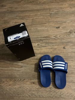 Adidas Adilette Comfort ADJK Blue Slide Sandals with White Stripes